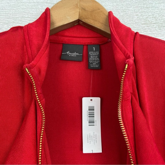 NWT TRAVELERS By Chicos Classic Ruffle Jacket Red 1 Medium Zipper - Picture 4 of 6